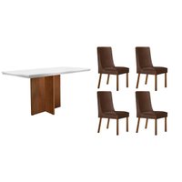 Conjunto: Mesa Sala Jantar Berlim Curvo 120cm + 4 Cadeiras Dakota Naturale/Off White - Suede Marrom - Rufato