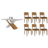 Conjunto: Mesa Sala Jantar Imperatriz Curvo 180cm + 6 Cadeiras Havana Naturale/Off White - Suede Marrom - Rufato