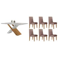 Conjunto: Mesa de Cozinha Imperatriz Curvo 180cm + 6 Cadeiras Dakota Naturale/Off White - Linho Capuccino - Rufato