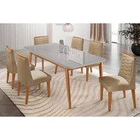 Conjunto: Mesa de Cozinha Havana Curvo 180cm + 6 Cadeiras Maldivas Naturale/Off White - Linho Bege - Rufato