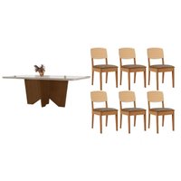 Conjunto: Mesa de Cozinha Nevada Curvo 180cm + 6 Cadeiras Havana Naturale/Off White - Capuccino/Suede Capuccino - Rufato