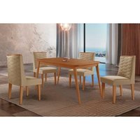 Conjunto: Mesa Sala Jantar Havana Curvo 120cm + 4 Cadeiras Dafne Naturale - Linho Bege - Rufato