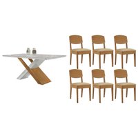 Conjunto: Mesa de Cozinha Imperatriz Curvo 180cm + 6 Cadeiras Havana Naturale/Off White - Suede Creme - Rufato