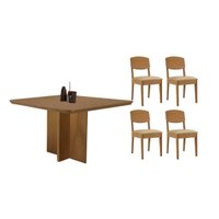 Conjunto: Mesa Sala Jantar Berlim Curvo 90cm + 4 Cadeiras Havana Naturale - Suede Creme - Rufato