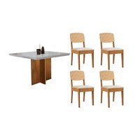 Conjunto: Mesa Sala Jantar Berlim Curvo 90cm + 4 Cadeiras Havana Naturale/Off White - Suede Creme - Rufato