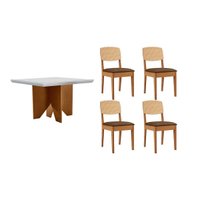 Conjunto: Mesa de Cozinha Nevada Curvo 90cm + 4 Cadeiras Havana Naturale/Off White - Capuccino/Suede Marrom - Rufato