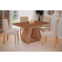 Conjunto: Mesa Sala Jantar Ágata Tampo Madeirado 130x80cm e 4 Cadeiras Clarice Cinamomo - Carvalho/Linho Bege Cimol