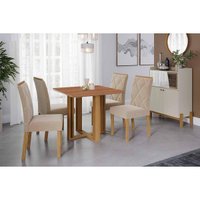 Conjunto: Mesa Sala Jantar Flora Tampo Madeirado 95x95cm e 4 Cadeiras Fernanda Cinamomo - Carvalho/Suede Nude Bege Cimol