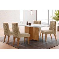 Conjunto: Mesa Sala Jantar Berlim Curvo 120cm + 4 Cadeiras Dafne Naturale/Off White - Linho Bege - Rufato