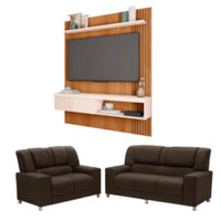 Kit Sofás Sandero 2 e 3 Lugares Paraná com Painel TV 55 Esmeralda Caemmun - Marrom/Freijo/Off White