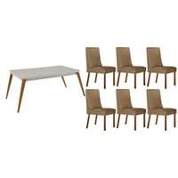Conjunto: Mesa Sala Jantar Havana Curvo 180cm + 6 Cadeiras Dakota Naturale/Off White - Linho Bege - Rufato