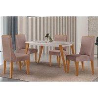 Conjunto: Mesa Sala Jantar Havana Canto Curvo 120cm + 4 Cadeiras Dakota Naturale/Off White - Linho Capuccino - Rufato
