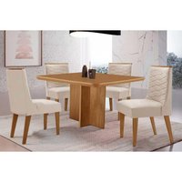 Conjunto: Mesa de Cozinha Berlim Tampo Curvo 90cm+4 Cadeiras Maldivas Madeira Naturale - Capuccino/Suede Creme - Rufato