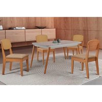 Conjunto: Mesa Sala Jantar Havana Curvo 120cm + 4 Cadeiras Havana Naturale/Off White - Linho Bege - Rufato