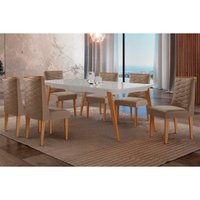 Conjunto: Mesa Sala Jantar Havana Curvo 180cm + 6 Cadeiras Dafne Naturale/Off White - Suede Capuccino - Rufato