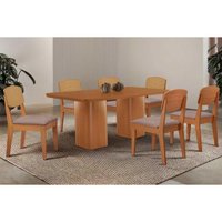 Conjunto: Mesa Sala Jantar Maldivas Curvo 180cm + 6 Cadeiras Havana Naturale - Linho Capuccino - Rufato