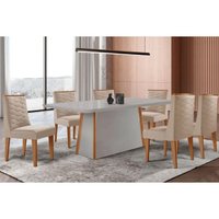 Conjunto: Mesa Sala Jantar Tilia Curvo 180cm + 6 Cadeiras Dafne Naturale/Off White - Suede Creme - Rufato