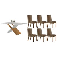 Conjunto: Mesa Sala Jantar Imperatriz Curvo 180cm + 6 Cadeiras Dakota Naturale/Off White - Suede Capuccino - Rufato