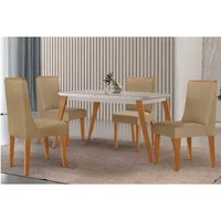Conjunto: Mesa Sala Jantar Havana Curvo 120cm + 4 Cadeiras Dakota Naturale/Off White - Capuccino/Linho Bege - Rufato