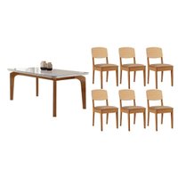 Conjunto: Mesa de Cozinha Londrina Tampo c/ Vidro Curvo 180cm+6 Cadeiras Havana Naturale/Off White - Linho Bege - Rufato