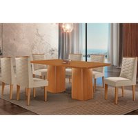 Conjunto: Mesa de Cozinha Maldivas Tampo Curvo 180cm+6 Cadeiras Dafne Madeira Naturale - Capuccino/Suede Creme - Rufato