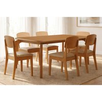 Conjunto: Mesa de Cozinha Londrina Tampo Curvo 180cm+6 Cadeiras Havana Naturale - Linho Bege - Rufato