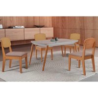 Conjunto: Mesa de Cozinha Havana Curvo 120cm + 4 Cadeiras Havana Naturale/Off White - Linho Capuccino - Rufato