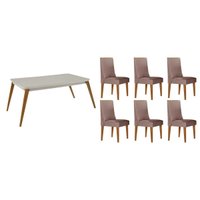 Conjunto: Mesa de Cozinha Havana Curvo 180cm + 6 Cadeiras Dakota Naturale/Off White - Linho Capuccino - Rufato