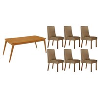 Conjunto: Mesa Sala Jantar Havana Tampo Curvo 180cm+6 Cadeiras Dakota Madeira Naturale - Capuccino/Linho Bege - Rufato