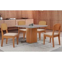 Conjunto: Mesa de Cozinha Maldivas Tampo c/ Vidro Curvo 90cm+4 Cadeiras Havana Naturale/Off White - Suede Creme - Rufato