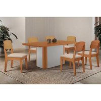 Conjunto: Mesa de Cozinha Pietá Tampo Curvo 180cm+6 Cadeiras Havana Naturale/Off White - Suede Creme - Rufato