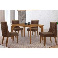 Conjunto: Mesa de Cozinha Londrina Tampo Curvo 120cm+4 Cadeiras Dafne Madeira Naturale - Capuccino/Suede Marrom - Rufato