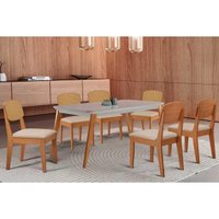 Conjunto: Mesa Sala Jantar Havana Tampo c/ Vidro Curvo 180cm+6 Cadeiras Havana Naturale/Off White - Linho Bege - Rufato