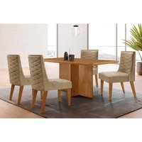 Conjunto: Mesa Sala Jantar Berlim Curvo 120cm + 4 Cadeiras Dafne Naturale - Linho Bege - Rufato