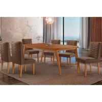 Conjunto: Mesa Sala Jantar Havana Tampo Curvo 180cm+6 Cadeiras Dafne Madeira Naturale - Capuccino/Suede Marrom - Rufato