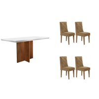 Conjunto: Mesa de Cozinha Berlim Curvo 120cm + 4 Cadeiras Pietá Naturale/Off White - Linho Bege - Rufato