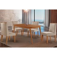 Conjunto: Mesa Sala Jantar Havana Tampo Curvo 120cm+4 Cadeiras Dafne Madeira Naturale - Capuccino/Suede Creme - Rufato