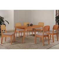 Conjunto: Mesa Sala Jantar Havana Tampo Curvo 180cm+6 Cadeiras Havana Naturale - Linho Capuccino - Rufato