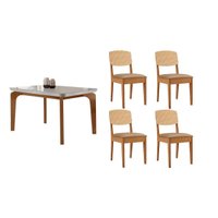 Conjunto: Mesa Sala Jantar Londrina Tampo c/ Vidro Curvo 120cm+4 Cadeiras Havana Naturale/Off White - Linho Bege Rufato