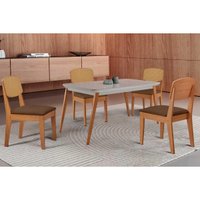 Conjunto: Mesa de Cozinha Havana Curvo 120cm + 4 Cadeiras Havana Naturale/Off White - Suede Marrom - Rufato