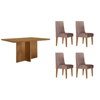 Conjunto: Mesa Sala Jantar Berlim Curvo 120cm + 4 Cadeiras Dakota Naturale - Linho Capuccino - Rufato