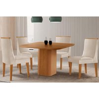 Conjunto: Mesa de Cozinha Maldivas Tampo Curvo 90cm+4 Cadeiras Dakota Madeira Naturale - Capuccino/Suede Creme - Rufato