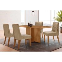 Conjunto: Mesa de Cozinha Berlim Tampo Curvo 120cm+4 Cadeiras Maldivas Madeira Naturale - Capuccino/Linho Bege - Rufato