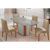 Conjunto: Mesa Sala Jantar Pietá Tampo c/ Vidro Curvo 120cm+4 Cadeiras Maldivas Naturale/Off White - Linho Bege - Rufato