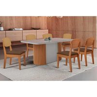 Conjunto: Mesa Sala Jantar Pilar Curvo 180cm + 6 Cadeiras Havana Naturale/Off White - Suede Marrom - Rufato