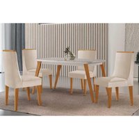 Conjunto: Mesa de Cozinha Havana Canto Curvo 120cm + 4 Cadeiras Dakota Naturale/Off White - Suede Creme - Rufato