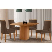 Conjunto: Mesa de Cozinha Maldivas Tampo Curvo 90cm+4 Cadeiras Dakota Madeira Naturale - Capuccino/Suede Marrom - Rufato