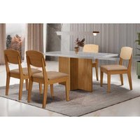 Conjunto: Mesa Sala Jantar Berlim Curvo 120cm + 4 Cadeiras Havana Naturale/Off White - Linho Bege - Rufato