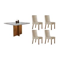 Conjunto: Mesa de Cozinha Berlim Tampo Curvo 90cm+4 Cadeiras Dakota Madeira Naturale - Capuccino/Suede Creme - Rufato