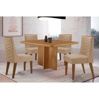 Conjunto: Mesa de Cozinha Berlim Tampo Curvo 90cm+4 Cadeiras Dafne Madeira Naturale - Capuccino/Linho Bege - Rufato